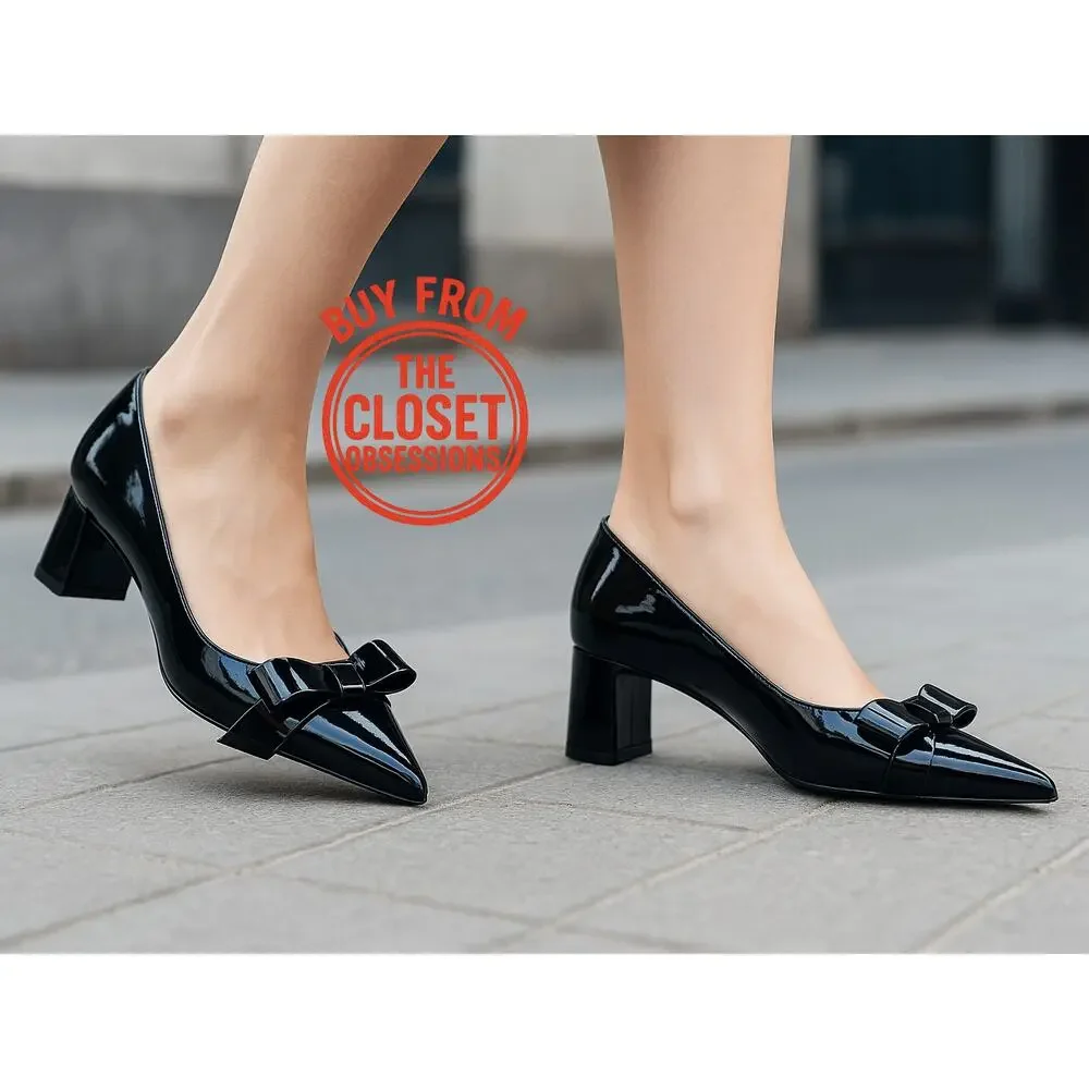 ZARA Black Patent Bow Pumps Pointed Toe Block Heel Office Shoes NWT 6.5